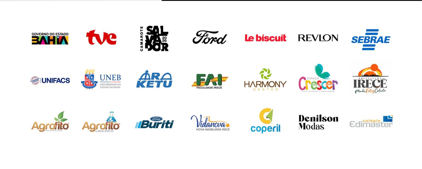 Logos de clientes da Ideário: Governo da Bahia, TVE, Camarote Salvador, Ford, Le Biscuit, Revlon, SEBRAE, UNIFACS, UNEB, Araketu, Faculdade Irecê, Harmony Center, Espaço Crescer, Prefeitura de Irecê, Agrofito, Ford Buriti, Vidanova, Coperil, Denilson Modas, Colégio Edimaster